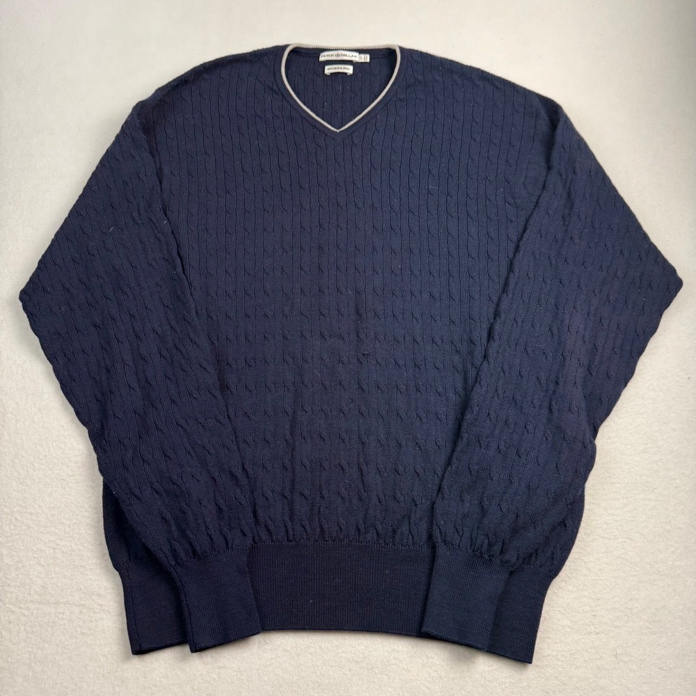 Peter Millar Mens Large Navy Blue 100% Merino Wool Cable Knit V-Neck Sweater
